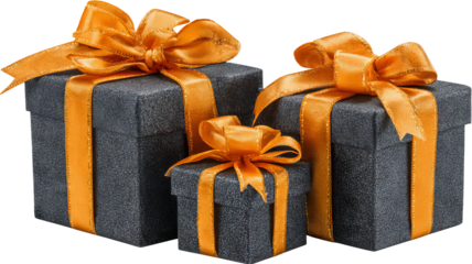 Three dark grey gift boxes with bright orange satin ribbons and bows isolated on white high resolution clean png cutout ideal for holiday presents ecommerce packaging mockups and festive design
