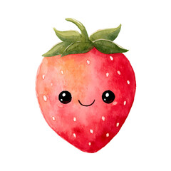 Obraz premium A whimsical strawberry character with a sweet smile rendered in watercolor style, isolated.