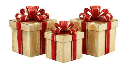 Obraz premium Three gold gift boxes with red ribbon bows isolated on white high resolution clean png cutout ideal for holiday presents ecommerce packaging mockups web banners and festive design 