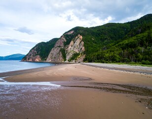 Coastal beach, mountains