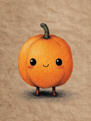 A halloween pumpkin character, cute, hand drawn with crayon, paper textured, friendly, fun, soft style.