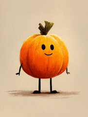 A halloween pumpkin character, cute, hand drawn with crayon, paper textured, friendly, fun, soft style.