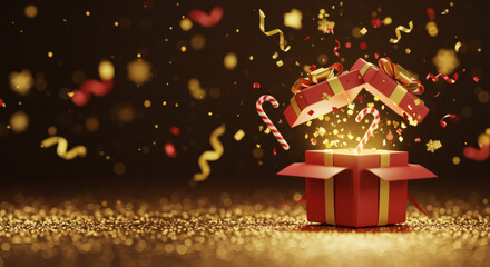 A red Christmas gift box with a gold ribbon and bow sits against a snowflake background, ready for the holiday season's celebrationA red Christmas gift box with a gold ribbon and bow sits against 