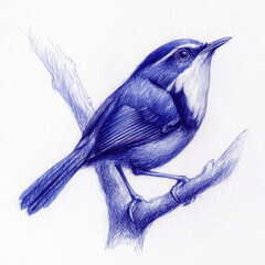 ballpoint pen sketch of a bird on a tree limb, isolated on white.
