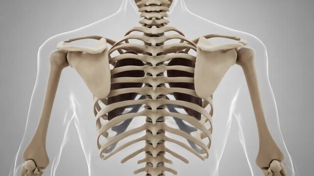 Anatomical illustration of the human skeletal system, focusing on the rib cage, shoulders, and upper arms.
