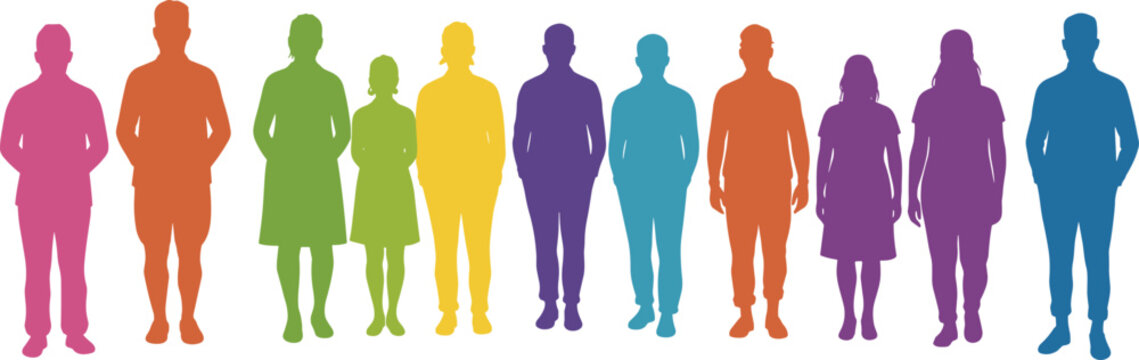 Gradient-colored human silhouettes in row formation, abstract diversity illustration, inclusive community concept, symbolic unity and equality theme on white background