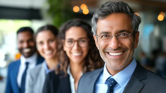 A cheerful multiethnic Indian team of professionals posing for a camera with a South Asian leader standing proudly first, Indian team portrait smiling, South Asian business leaders