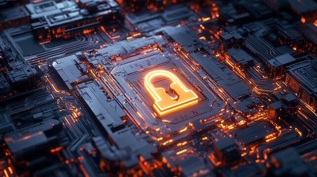 Protect your data with an advanced network security system featuring glowing digital lock symbol on a modern circuit board for innovative tech solutions