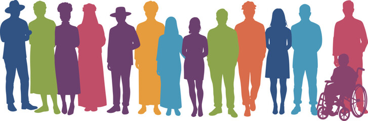 Inclusive human silhouettes in vibrant colors, representing age, gender, ability, and diversity, abstract community unity and equality theme on white background