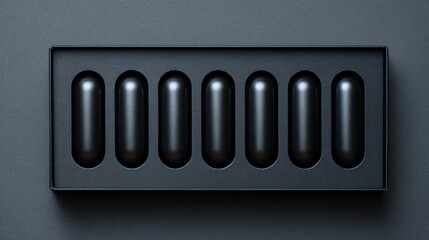Minimalist overhead view of pods neatly aligned inside a matte black box, isolated on black background