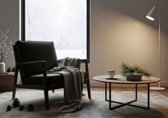 Cozy armchair sits near window in modern living room during winter, creating a peaceful and inviting atmosphere for relaxation and contemplation.