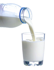Milk being poured from a plastic bottle into a glass