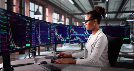 Female Broker Analyzing Stock Market Data