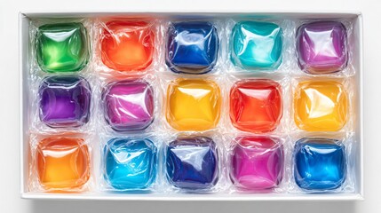 Open retail box of colorful detergent pods with transparent wrapping, isolated on white background