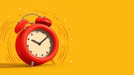 Red alarm clock ringing with sound waves on bright yellow background, vibrant timepiece illustration for wallpaper, poster, or reminder design with retro style and bold colors