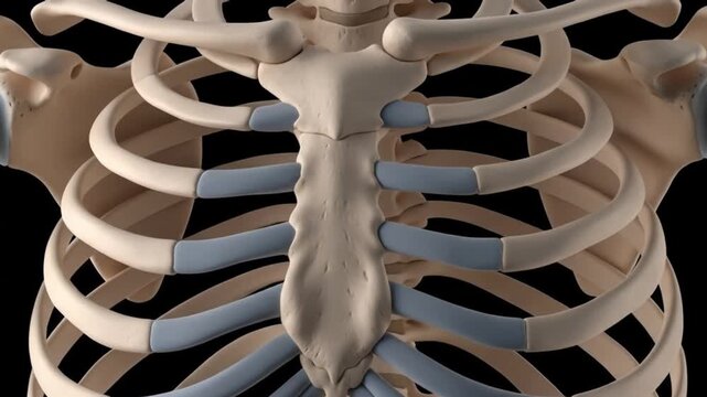 Anatomical illustration of the human rib cage, sternum, and associated cartilage, showing skeletal structure.