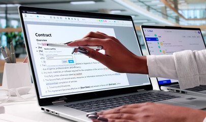 Woman Edits Document On Computer, Proofreading Script