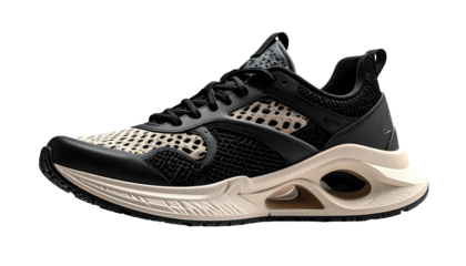 Black and beige running shoe, side view.  Features breathable mesh,  chunky sole