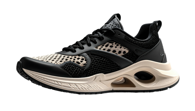 Black and beige running shoe, side view.  Features breathable mesh,  chunky sole