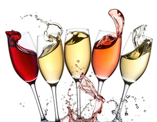 Five wine glasses, different colors, splashing liquid