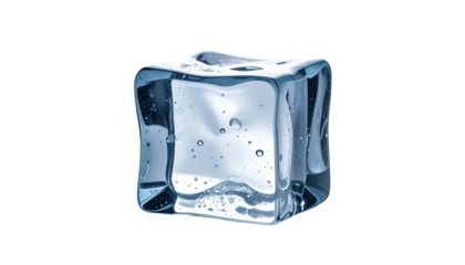 Single, clear ice cube, slightly translucent, with water droplets