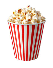 Popcorn in a red and white striped paper container