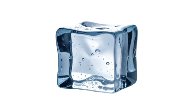 Single, clear ice cube, slightly translucent, with water droplets