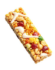 Close-up of a granola bar.  Colorful,  coated with white icing or cream.  Mix of nuts, dried fruits, and grains.  Rectangular shape