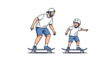 A father and son skateboarding together, the son wearing a helmet for safety.