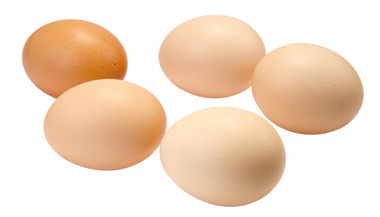Five eggs of varying shades of brown and light beige, arranged in a loose cluster, isolated on black background.  A slightly darker egg sits among lighter ones.  Smooth, round shapes, close-up view