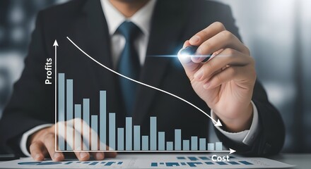 A businessman is drawing a declining financial graph showing profit loss