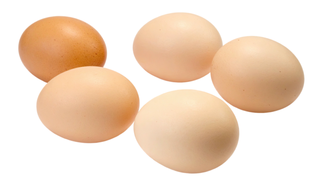 Five eggs of varying shades of brown and light beige, arranged in a loose cluster, isolated on black background.  A slightly darker egg sits among lighter ones.  Smooth, round shapes, close-up view