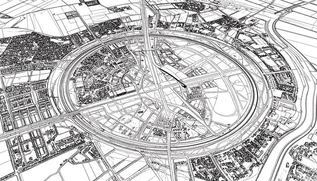 Architectural rendering City structure with ring roads and infrastructure