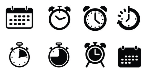 Vector set of alarm clock silhouette icons isolated on white background.
