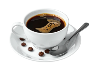 A white coffee cup filled with dark coffee, a spoon, and coffee beans