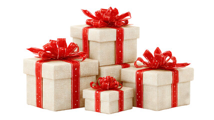 Four stacked beige gift boxes with red ribbons and bows isolated on white high resolution transparent background png cutout festive present packaging mockup for holiday cards ecommerce and design