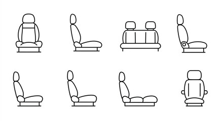Simple line art illustration of various car seat configurations and designs