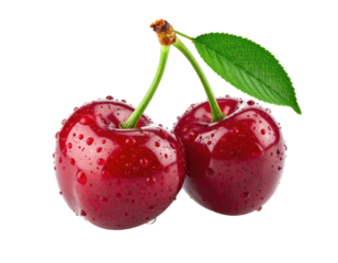 Two ripe cherries with water droplets and leaves