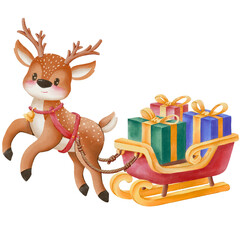Watercolor illustration of walking Christmas reindeer pulling sleigh with presents