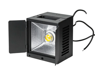 Fototapeta premium Square LED light fixture with flip-open cover. Black metal housing. Visible LED light source. Electrical wiring. Studio lighting