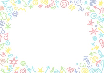 Decorative border frame made of colorful handdrawn doodle elements on white background
