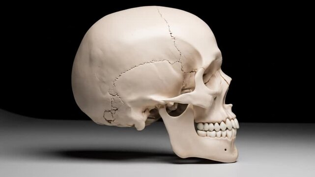 Human skull model on a black background, side view.