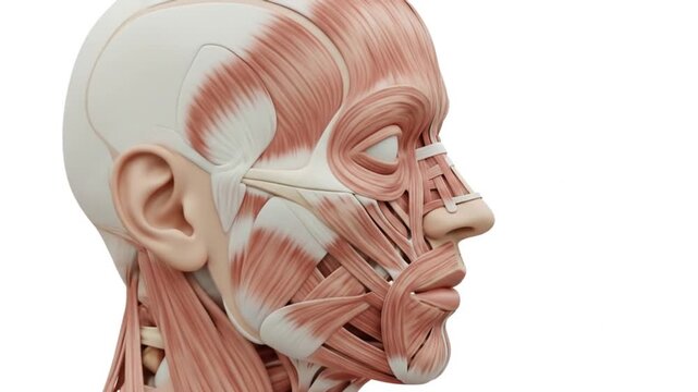 Anatomical illustration of the human head showing the complex network of facial and neck muscles in a detailed profile view.