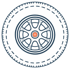 Obraz premium Simple line art illustration of a car wheel with an alloy rim and tire tread for automotive concepts