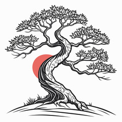 Artistic black and white illustration of a stylized ancient bonsai tree with a red sun rising behind it on a white background