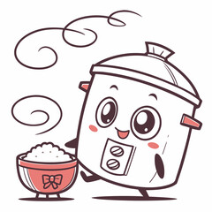 Cute cartoon rice cooker character happily presenting a bowl of freshly cooked rice with steam swirling around