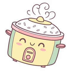 Cute kawaii rice cooker character with steam and rice grains illustration