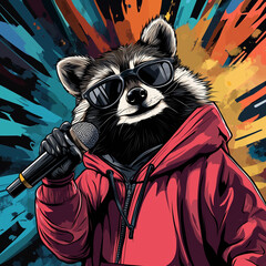 Stylized anthropomorphic raccoon wearing hoodie and sunglasses, holding microphone and performing as rapper in colorful pop art comic style