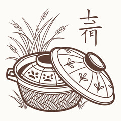 Traditional japanese earthenware pot filled with rice and surrounded by wheat stalks with a decorative lid and a calligraphy character for green or blue