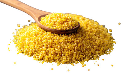 Wooden spoon filled with small, golden-yellow grains spills out